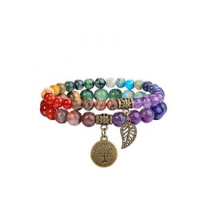 Jovivi 2pcs Bracelet Chakra Pierre Naturelle Femme Ensemble Deux Bracelets avec Accessoires Arbre de Vie et Feuille Porte Bonheur Cadeau Femme (Chakra) (kaenmis, neuf)
