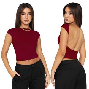 Arkim Top Dos Nu Femme Y2K Backless Top T-Shirts, Sexy Haut Dos Nu Femme Ete, Skims Top Dupes,Top Court Style R&eacute;versible(as4, Alpha, m, Regular, Regular, Bordeaux) (IRELIA-1, neuf)