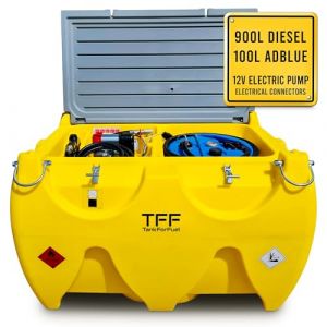 TFF Cuve Gasoil Portable 900 L avec Pompe Gasoil 12V DC 40 l/min plus Reservoir Adblue avec pompe 12 V 20 l/min. Reservoir Carburant avec câble d'alimentation, tuyau de 4 m et pistolet ravitaillement (Tank For Fuel, neuf)