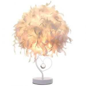 Lampe de chevet en plumes avec cristal en forme de coeur, abat-jour de chevet en plumes abat-jour de bureau l&eacute;ger pour salon, chambre &agrave; coucher, salle &agrave; manger (LIUNIAN TRADING, neuf)
