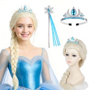 Princesse Dress Up Accessoires Filles, Perruque Raiponce, Couronne de Diadème et Baguette de Fée, Perruque Blonde Longue Tresse, pour Enfant Cosplay Carnaval Fête d'anniversaire (Huamudianzi, neuf)