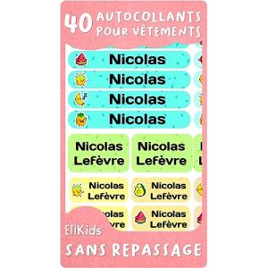 40 Étiquettes autocollantes pour vêtements, pas de repassage nécessaire. Étiquettes personnalisées et résistantes à la machine à laver, micro-onde. Autocollant fourniture scolaire (40, FRUIT) (Haberdashery Online, neuf)