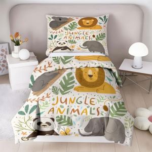 Animaux De La Jungle Parure de lit Enfant, 100% Microfibre, Oeko-TEX, Dessin anim&eacute; Lion, Panda Housse de Couette 1 Personne 140x200 cm 1 Taie d'oreiller 63x63 cm Imprim&eacute;s R&eacute;versibles, Motif Animal (ZZTBQ, neuf)