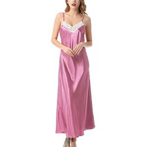 Aivtalk - Robe de Nuit en Dentelle Babydoll Lingerie Nuisette Longue Femme en Soie Artificielle Chemise de Nuit Col V en Satin Style 3 Rouge Rosé Taille 40 (PYOUEU, neuf)