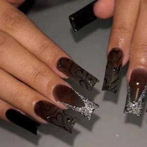 Faux ongles, ongles à presser Faux ongles longs en forme de cercueil avec colle, faux ongles marron portables avec strass, presse de Ballet, couverture complète(37) (zhangtingamz, neuf)