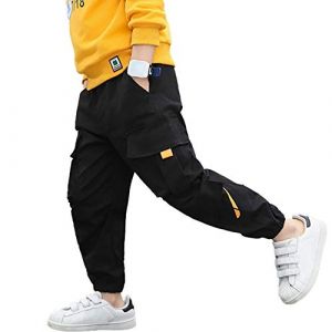 Rolanko Pantalon Cargo Garçon Jogging Enfant Slim Fit Camouflage Pantalons Ave Taille Élastiquée, Noir&Orange, Taille du Tag: 140 (rolanko, neuf)