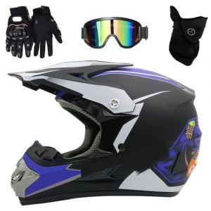 Casque de Motocross IntéGral, Avec Lunettes, Gants, Masque, éQuipement de Protection Pour Jeunes Enfants, VTT, BMX, Quad, Dirt Bike(Blue ghost head,S(52-53cm)) (YUJINGNA, neuf)
