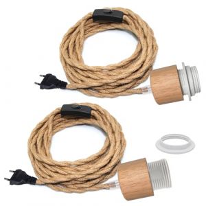 2PCS Lustre Corde de Chanvre avec Prise, 500CM Câble, Douille Ampoule E27 avec Interrupteur, Corde Lampe Suspension avec Prise, Suspension Luminaire Corde, Lampe Suspendue Vintage, Lampadaire DIY (LQUNFYL, neuf)