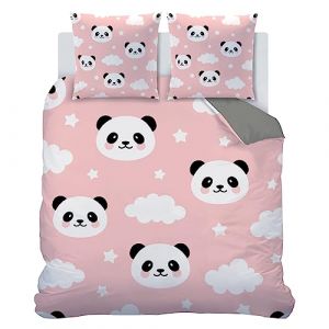 Linfye Housse de Couette 155 x 220 Enfant Panda Parure de Lit 1 Personne Microfibre Housse de Couette avec Fermeture éclair + 2 Taie d'oreiller 65x65cm (Rose) (Linfye Maison Confortable, neuf)