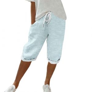 Short Lin D'&Eacute;t&eacute; &Eacute;lasticit&eacute; Respirants, El&eacute;gante Shorts Lin Coton Femme &Eacute;t&eacute;, Short Bermuda Femme &Agrave; Rayures, Bermuda pour Femme Coupe D&eacute;contract&eacute;e, Short Court Casual avec Poche Pas Cher (qiaoxiahe, neuf)