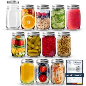 volila Mason Jar avec Couvercle - 490ml (Paquet de 12) Bocal en Verre avec Couvercle Pour Joint Hermétique - Bocal en Verre pour Overnight Oats Jar, Bocaux à Pickles, Bocaux en Verre Conserve (Rivero products, neuf)