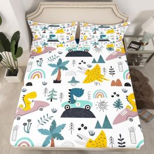 Homewish Parure de Lit Enfant Dinosaure Amusante, Drap Housse Carnet de Dessins Animés 90x190 pour Fille Garçon, Drap de Lit Arc-en-Ciel Kawaii, Housse de Matelas Palmier Tropical (Suzhou yiyanyun e-commerce Co., Ltd, neuf)