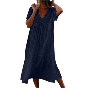 Susenstone Longue Robe Cotton en Line Blanche Col V Ete Grande Taille Robe Rétro Maxi Robe Lâche Couleur Unie Bohème Ete Mi-Longue Dress Fêter Robe de Vacances à la Plage Ete Marine (⭐⭐⭐⭐⭐Susenstone, neuf)