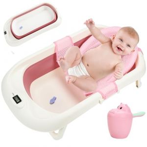 SWANEW Baignoire B&eacute;B&eacute;, Baignoire Pliable,Portable Baignoire Bebe avec D&eacute;tection de Temp&eacute;rature, Tout-petits avec Tapis Antid&eacute;rapant,avec Arrosoir pour b&eacute;b&eacute;, pour Bebe 0-6 Ans (Rose), 83*46*21cm (POTAI-World, neuf)