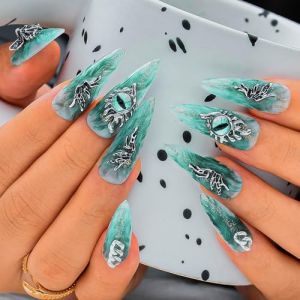Sethexy Long Stiletto Fait à la main Faux ongles Vert Brillant Faux ongles Acrylique Oeil Faux ongles Métallique Salon Ongles à coller 10PCS (2) (sethexy, neuf)