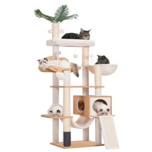 Heybly Arbre à Chat Moderne, Arbre à Chat en Bois avec 5 Griffoirs, Planche à Griffer, Panier, Tour de Jeu 156 cm, Niche, Plateforme, Hamac, 3 Pompons, Tapis Lavables, Noyer HCT120WB (Heybly-FR, neuf)