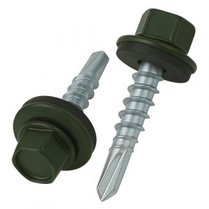 4.8 mm x 25 mm Vis de toiture, tête hexagonale autoperceuse colorée (RAL 6020 Vert oxyde chromique) vis avec rondelle scellée en EPDM, vis à gros filets trempés zingués antirouille (50 pièces) (Keple, neuf)