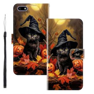 WUACYEAMING Coque pour Huawei Y5 2018,Protection Housse en Cuir PU Portefeuille &agrave; Rabat Motif Cover Kickstand Bumper Antichoc [Fentes pour Cartes] Chat Citrouille (WUACYEAMING, neuf)