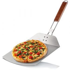 COM-FOUR® Pelle à pizza en acier inoxydable 430 - lève-pizza et gâteau avec manche en bois - pelle à pizza pour pizza, tarte flambée et pain - poignée pliable (argent/marron - angulaire) (COM-FOUR  Vertriebs GmbH, neuf)