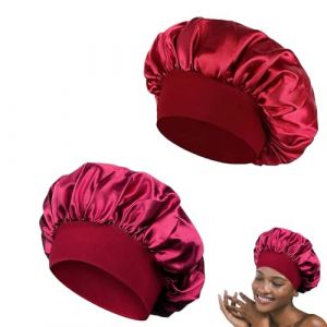 2 Pièces Bonnet Satin Cheveux Nuit,Bonnet en Satin,Bonnet de Nuit,Bonnet Soie Cheveux Nuit,Réutilisable Silk Bonnets Cheveux Protection Élastique pour Femme,Homme,Dormir,Douche,Maquillage (Rouge) (SunXingTian, neuf)