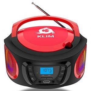 KLIM Boombox Poste Radio CD -Radio FM, Poste CD Bluetooth, MP3, USB, AUX - Piles Rechargeable Incluses - Modes Filaire et sans Fil - Compact et Robuste Lecteur CD Portable- Rouge (KLIM Technologies France, neuf)