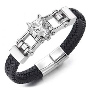 COOLSTEELANDBEYOND Homme Acier Inoxydable Tête de Loup Chaîne de Vélo Moto Bracelet - Bracelet en Cuir Tressé (iMECTALII EU, neuf)