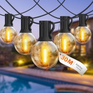 BRIMAX 30M LED Guirlande lumineuse extérieure, AC220-240V courant, IP44 étanche, 46+4 G40 1W ampoules E12, 2200K blanc chaud, Guirlande lumineuse extensible pour camping marché de Noël fête (BrimaxFR, neuf)