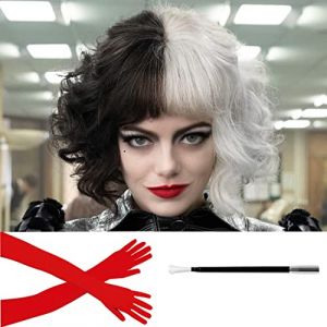 Perruque Courte Noire et Blanche avec des Gants Rouges et un support, ATAYOU Perruque mi Noire mi Blanche pour femmes pour costume Carnival Halloween (Noir blanc 547) (ATAYOU FR, neuf)