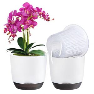 QCQHDU Lot de 2 pots à orchidée avec trous pour rempotage double couche et auto-irrigation avec bonne circulation de l'air (blanc, 14,5 cm) (ONOME, neuf)