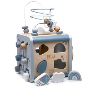 Mainely Personnalisable Cube d&rsquo;activit&eacute;s en Bois (Blue) &ndash; favorise la motricit&eacute; Fine & l&rsquo;Apprentissage des Formes &ndash; pour Enfants d&egrave;s 12 Mois &ndash; personnalis&eacute; avec pr&eacute;nom &ndash; Label Label (KIDSLINO, neuf)