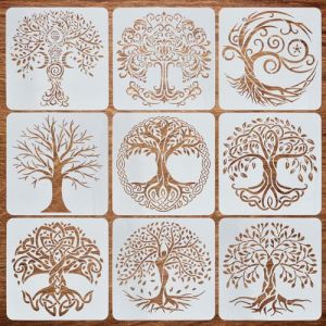 FINGERINSPIRE 9Pcs Arbres de Vie Peinture Grand Pochoir 30x30cm Arbre Celtique Arbre en Spirale Arbre Tordu Pulvérisation Grand Pochoir Branche et Feuilles D'Arbre Pochoir Arbres Vibrant Homme Pochoir (FINGERINSPIRE FR, neuf)