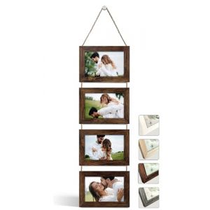 NEOWS Cadre Photo Multiple avec Corde pour Suspendre au Mur - Lot de Cadres D&eacute;coratifs pour Accrochage Mural Vertical - Porte Portrait Pele Mele - Photos 10x15 (Bois Vieilli, 4 Photos Horizontal) (NEOWStore, neuf)