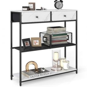 VASAGLE Table d'Entrée Étroite, avec 2 Tiroirs en Tissu, Meuble Console, Bout de Canapé sur 3 Niveaux, 24 x 76 x 80 cm, pour Entrée, Salon, Blanc Marbré et Noir d'encre LNT092W01 (SONGMICS HOME FR, neuf)