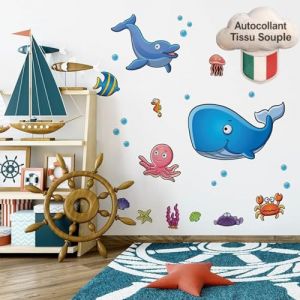 kina - Sticker Mural D&eacute;coration Chambre Enfant R00029 - Mat&eacute;riau Tissu &eacute;cologique, Hypoallerg&eacute;nique, Repositionnable, Effet caresse, &Eacute;cole Maternelle - Graphique Mer et mesure 100x30 cm (AdesiviMurali, neuf)