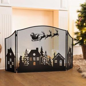Dekoleidenschaft Grille de protection de chemin&eacute;e de No&euml;l 3 pi&egrave;ces Pare-&eacute;tincelles en m&eacute;tal noir avec motif de No&euml;l Grille pare-&eacute;tincelles autoportante (Come4buy GmbH, neuf)