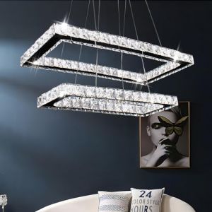 Finktonglan Lustre moderne rectangulaire en cristal LED 2 anneaux Plafonnier en acier inoxydable pour salle à manger, salon, chambre à coucher (6500 K blanc froid) (qihan lighting, neuf)