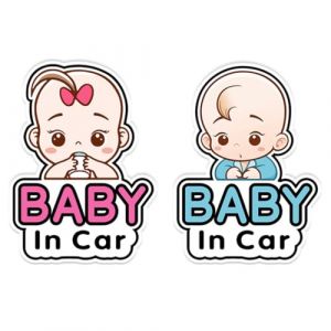 Autocollant Bébé à Bord pour Voiture, 2 pièces Sticker Baby in car Résistant & Étanche, Sticker bébé à bord autocollant, Signal de Sécurité Bébé à Bord pour Alerter les Conducteurs, 14 x 10 cm (Gobfar store, neuf)