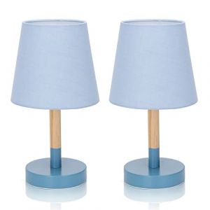 Aigostar Lot de 2 Lampe de Table Moderne en Bois, Lampe de Chevet avec Abat-jour en Tissu Bleu et Base en M&eacute;tal, Douille E14, Vintage pour Chambre, Salon (AIGOTECH, neuf)