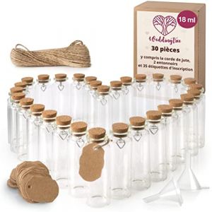 WeddingTree 30 x Bouteille 30 x 18ml - Tube a Essai Verre pour Les Mariages - Petite Fiole - Contenant Dragées Set avec Liège et Pendentif en Forme de Coeur (ILP GmbH, neuf)