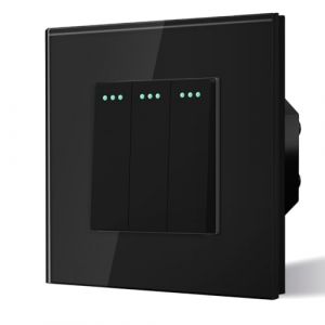 BSEED Interrupteur va et vient Interrupteur à Bascule, Interrupteur Encastrable Bascule, 10A 250V Plaque De Cristal Trempé Noir avec Cadre en Verre 3 Gang 2 Voie (Bseed-EU, neuf)