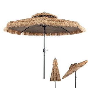 GOPLUS 3M Parasol Paille en PE, avec Double Toit Inclinable 30°, 8 Baleines, 12 Couches, Bloquer Soleil, Parasol Chaume de Style Hawaïen Tropical pour Patio/Terrasse/Jardin, Base Non Incluse (Augenstern24, neuf)