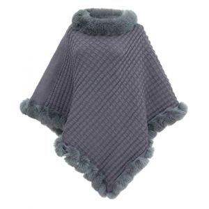 JFAN Poncho Ch&acirc;le Femme Tricot Capes avec Col en Fourrure Hiver Chaud Poncho Doux en Maille El&eacute;gant Ch&acirc;le en Crochet Gris (RS BRAND, neuf)