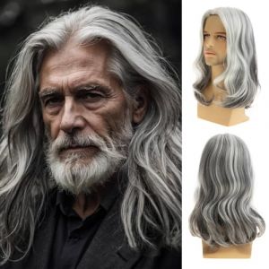 Qnbiar Perruque Longue Homme Gris Blanc Longue Droite Perruque Homme Partie Interm&eacute;diaire Synth&eacute;tique Cheveux R&eacute;sistant &agrave; la Chaleur Perruque pour Costume de F&ecirc;te Quotidien Halloween (Gris Blanc) (Qinbaeu, neuf)