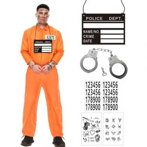 WELLXUNK Costume de Prisonnier, Orange Costume De D&eacute;tenu unisexe, D&eacute;guisement Prisonnier Homme avec Menottes, Combinaison de Prisoner Jumpsuit Costume pour Halloween Carnaval Costume de F&ecirc;te Cosplay (lizhige, neuf)