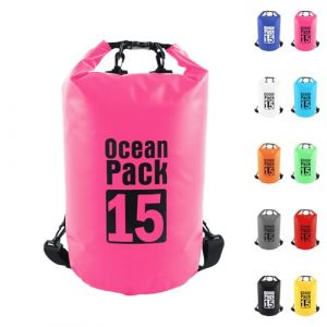 15L Sac étanche Polyvalent,2L/5L/10L/15L/20L/30L Rose Rouge Waterproof Dry Bag avec Longue Bandoulière Réglable Sac à Dos Confort Imperméable pour Bateau/Kayak/Pêche/Rafting/Natation/Camping/Snowboard (MUDAMUDA Store, neuf)