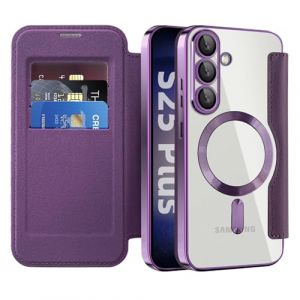 QIWEIQING Coque Magn&eacute;tique pour Samsung Galaxy S25 FE Etui Compatible avec MagSafe, Dos Transparente Anti-Choc Anti-Rayures Flip &Eacute;tui en Cuir Housse Case pour Samsung Galaxy S25 FE. Violet JDC (QIWEIQING, neuf)