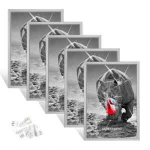 Lot de 5 cadres photo en argent,Format A3 (29.7x42 cm),Cadre photo en verre plexi avec crochet sans couture,Pour salon &agrave; poser et &agrave; suspendre,Cadre d&eacute;coratif pour photos et portraits,Anniversaire (DreamYiFan Store, neuf)
