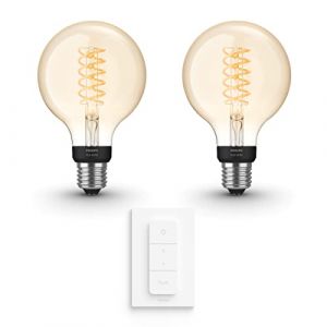 Philips Hue Pack avantag&eacute; - E27 - avec 2 ampoules &agrave; filament Globe petites (G93) - Lumi&egrave;re blanche chaude - Comprend 1 Variateur de lumiere Hue - Hue White Filament (Light Gallery Netherlands, neuf)