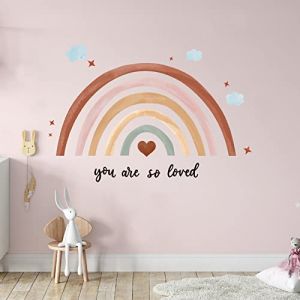 Sticker Mural Arc-en-Ciel,76 x 35 cm Grande Décoration Autocollant Murale de Cœur Pastel Papier Peint de Décoller et Coller Décor de Papier Peint Boho pour Chambre de Fille Enfant (Boho) (Houzeary, neuf)