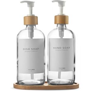 MaisoNovo Lot Distributeur Liquide Vaisselle – Distributeur Savon Verre avec Pompe – Pompe Blanche en Bambou Transparent 500 ML – Distributeur de Savon de Salle de Bain – Lot de 2 avec Plateau (Maisonovo, neuf)